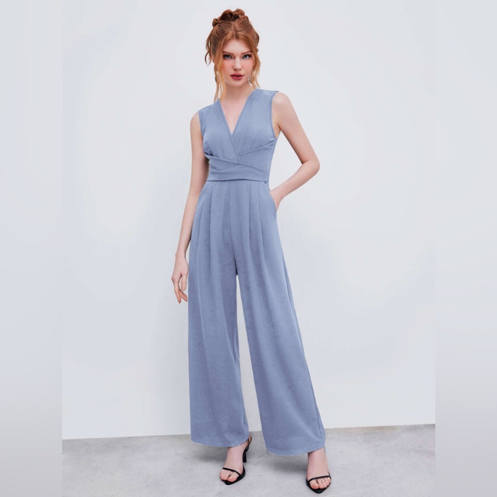 Cider Light Blue V-Neck Wide-Leg Jumpsuit